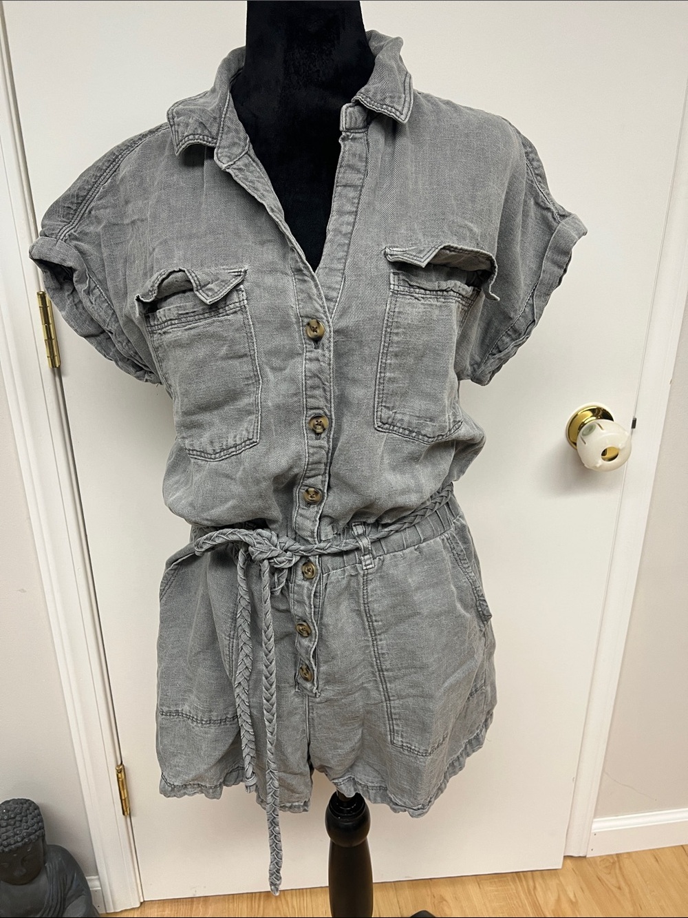 Nicole Miller Washed Gray Utility Romper Shorts